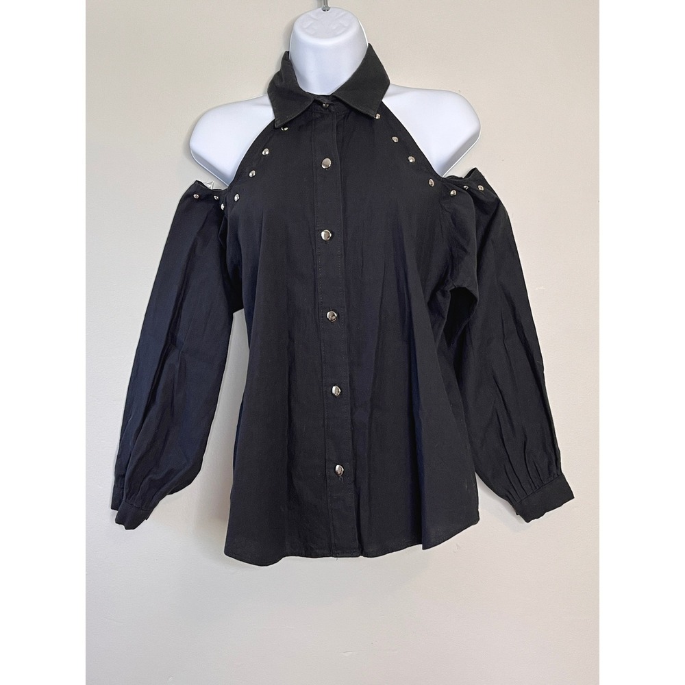Sassa Ltd Black Studded Cold Shoulder Collared Button Up Shirt Women M Goth Punk